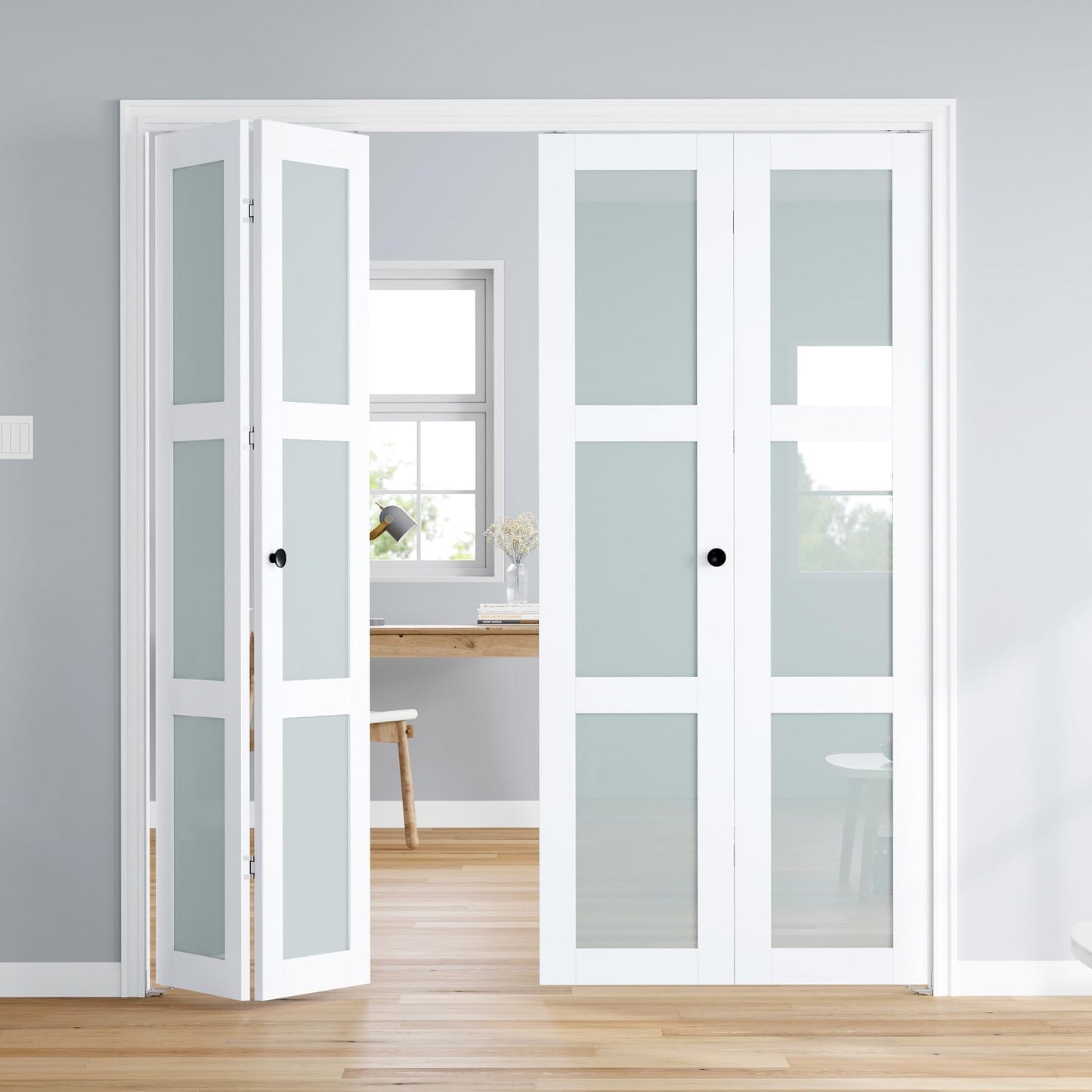 Roymelo Bifold Doors for 72"×80-3/4" Opening, Preassembled White Frosted Glass Folding Barn Door, Sliding Interior Wood Panel Closet Bifolding Door with Concealed Hardware Kit Included