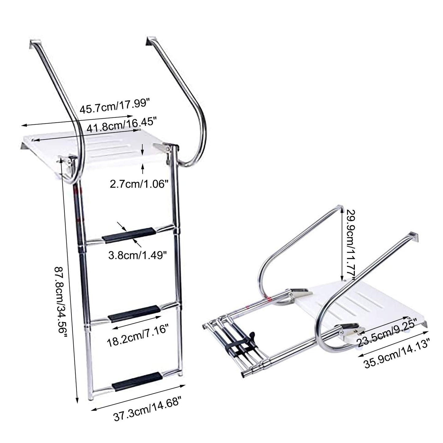 Amarine Made 3 Step in-Board Outboard Transom Platform Telescoping Boat Ladder Stainless Steel with Fiberglass Swim Platform for Swimming Pool Pontoon Dock Collapsible Step Ladder with 2 Handrails