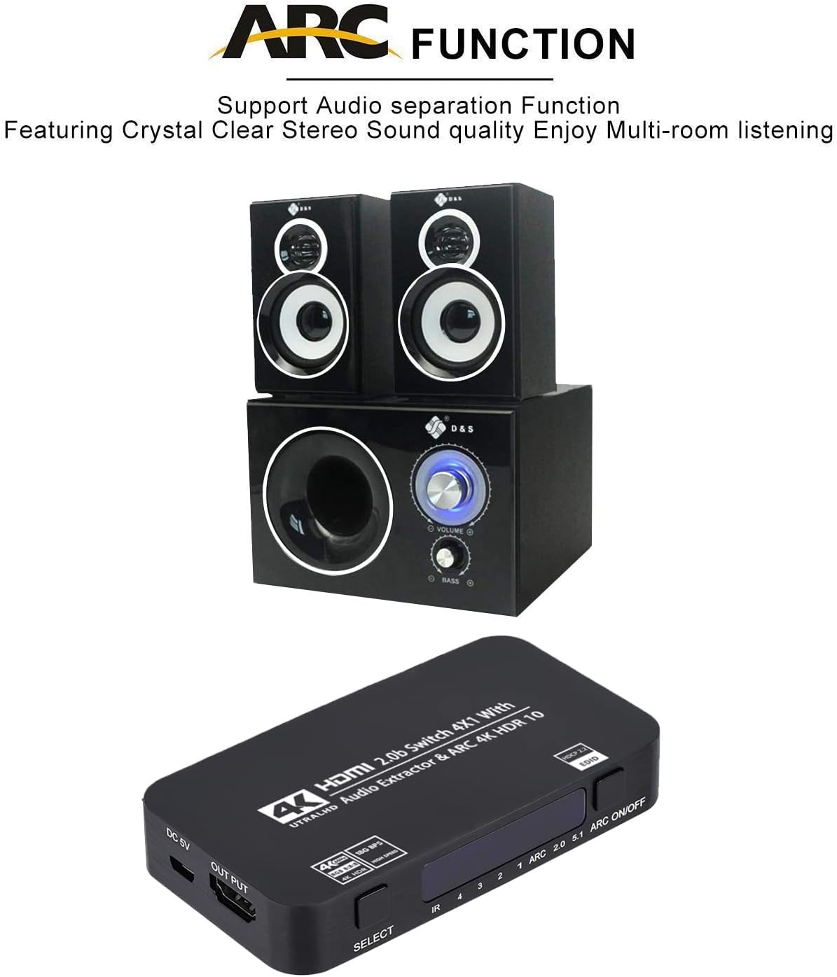 Wonlyus 4x1 4K@60Hz 3.5mm 3D, 1080P @120Hz, 4Kx2k @60Hz HDMI Switch with Audio Extractor, Ultra HD HDMI Switcher