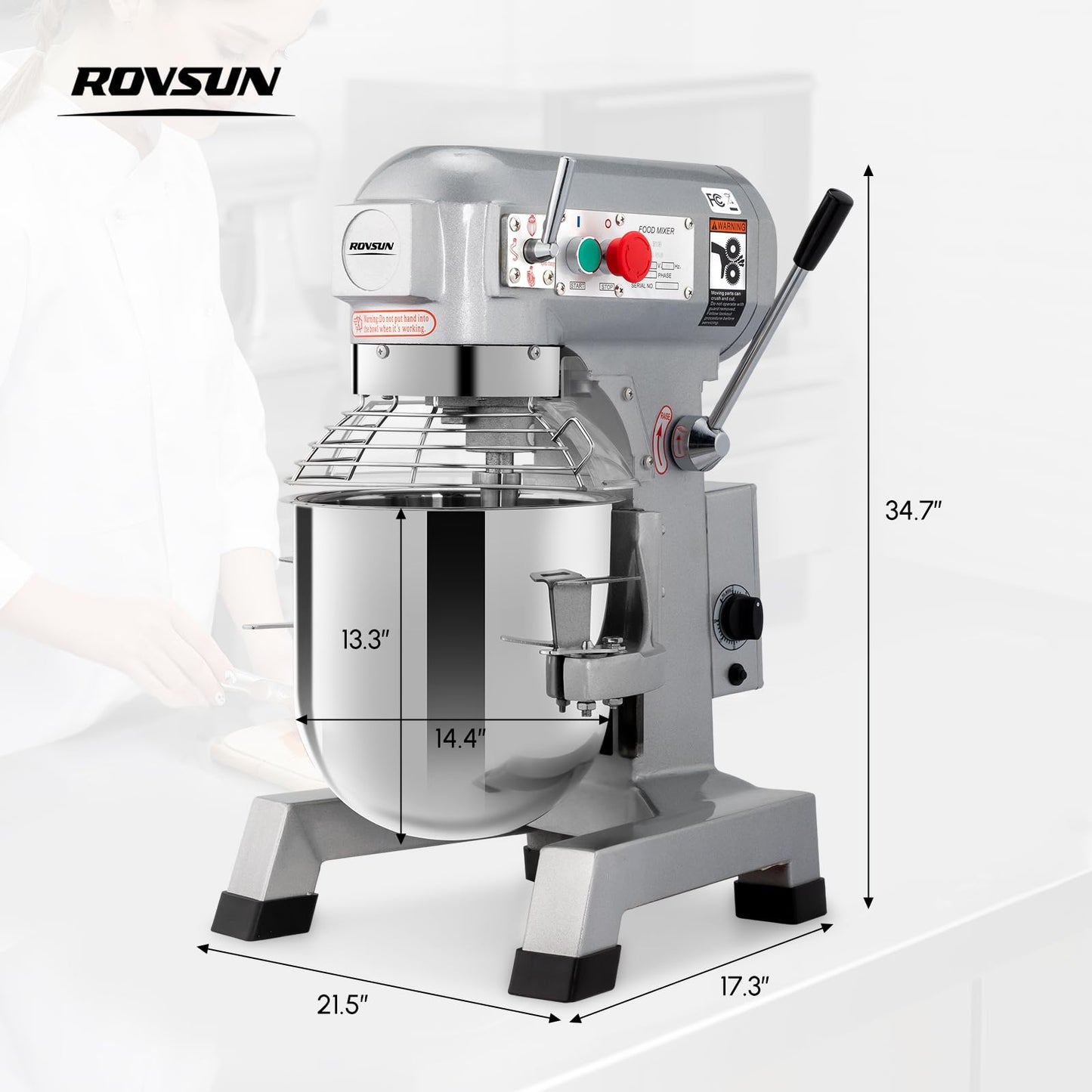 ROVSUN 30QT Commercial Food Mixer, 1100W Commercial mixer with 3 Adjustable Speed, Heavy Duty Electric Stand Food Mixer with Stainless Steel Bowl for Bakery Pizzeria
