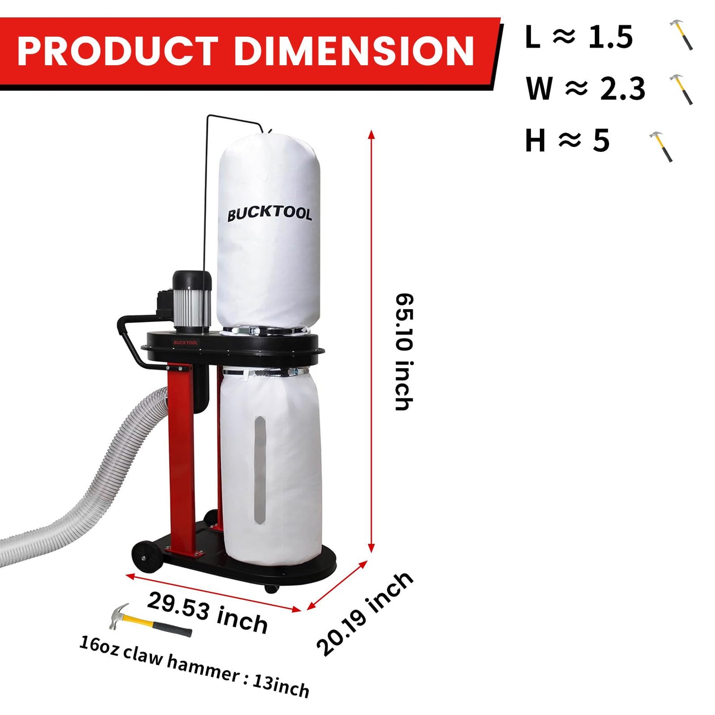 BUCKTOOL 1.2 HP Auto Start 750CFM Dust Collector with 3 Dust Collection Bag,13 Gallon and 5 PCS Reducer for Woodworking