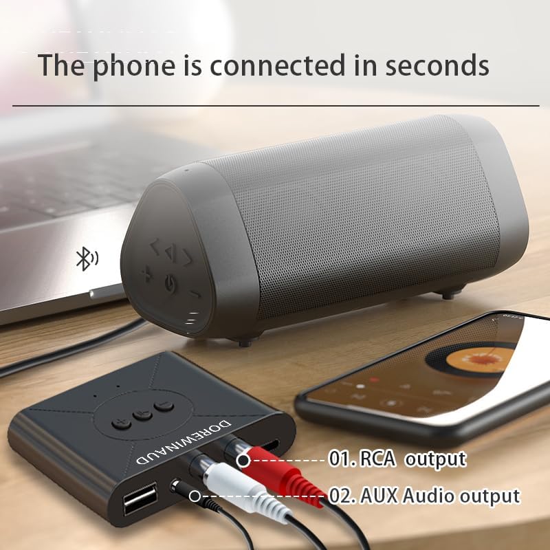 DOREWINAUD 5.3 Bluetooth Audio Receiver, Wireless Audio Receiver RCA Adapter for Stereo, USB Flash Drive/NFC One Key