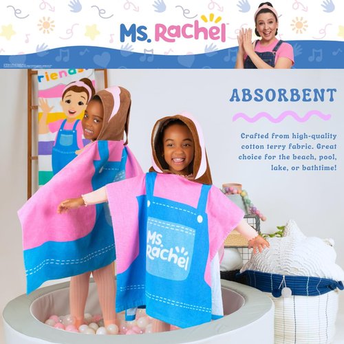Ms. Rachel Kids Beach/Pool/Bath/Camping Hooded Towel Poncho 24" X 22", Absorbent Cotton Cover up, (Officially Licensed Product) by Franco