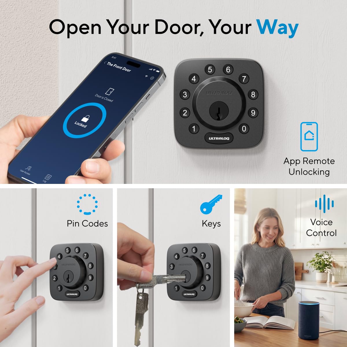 ULTRALOQ U-Bolt WiFi Smart Lock with Door Sensor, Built in Wi-Fi Keypad Deadbolt Lock for Front Door, Remote Control, Auto-Lock, Compatible with Alexa, Google, SmartThings, Easy Install, Matte Black