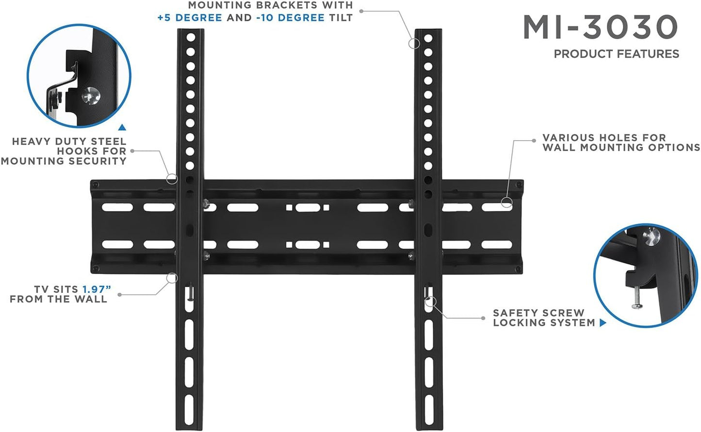 Mount-It! 30, 32, 37, 39, 40, 42, 43, 47, 49, 50, 55 inch 77 lbs 2" 400 400 Tilting Flatscreen Wall Mount TV for LED