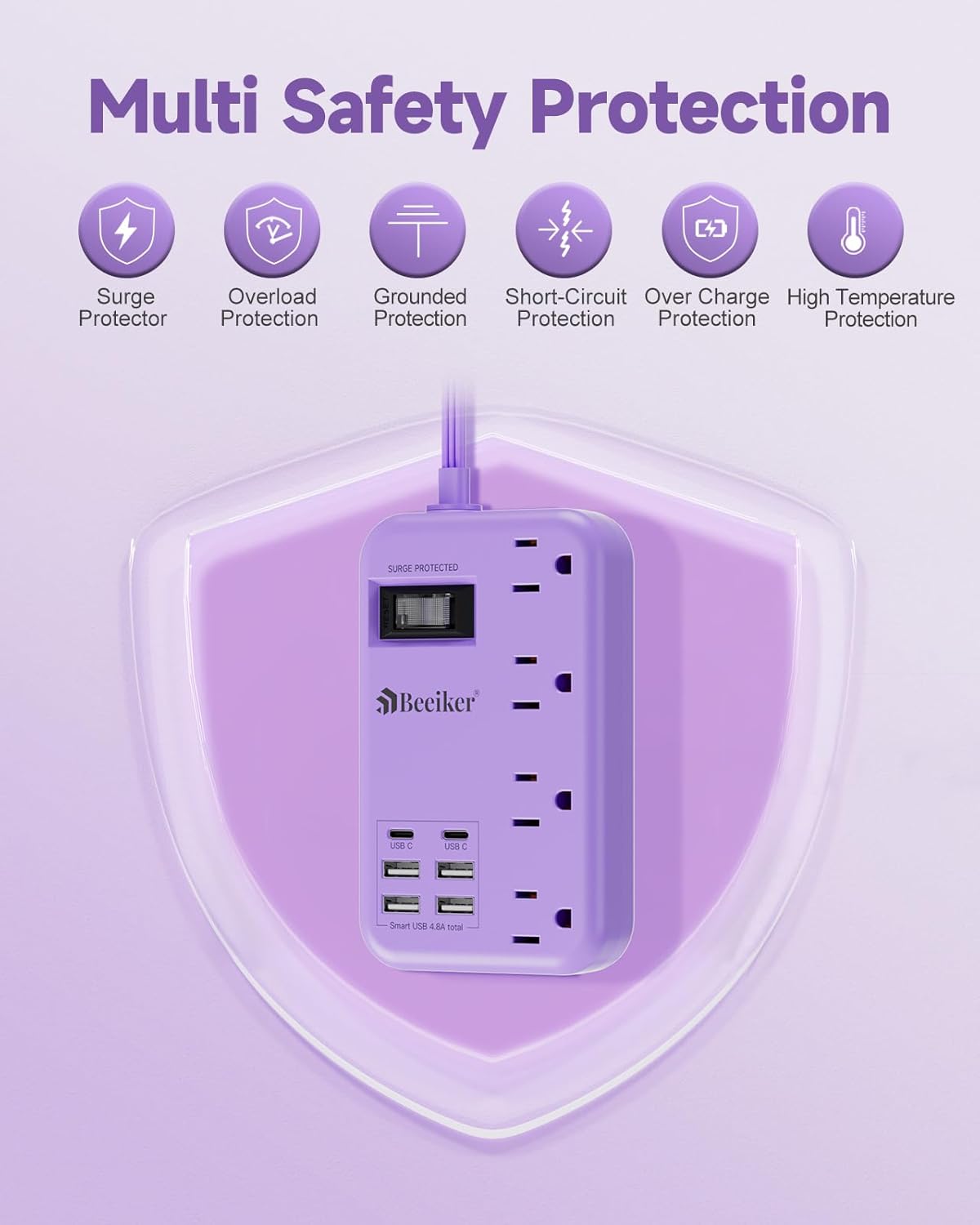 Beeiker 6 USB(2 5Ft 24W 4 USB C) Purple Travel Power Strip- Lavender Extension Cord with USB Charging Station