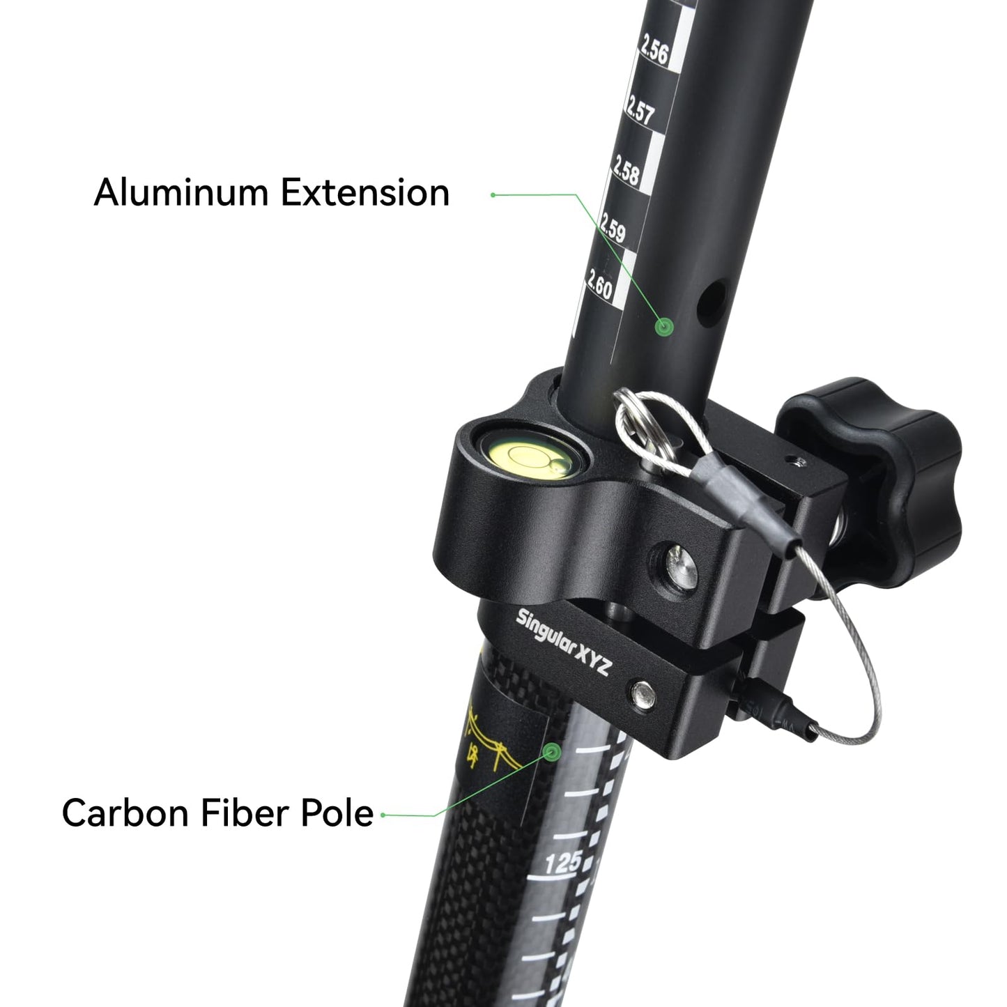 SingularXYZ Carbon Fiber & Aluminum GPS Pole – Telescopic 8.5ft/2.6m GPS Survey Pole with Screw Lock & Locking Pin, Metric-Feet Dual Scales, Bubble Level, Steel Point for RTK GNSS Surveying