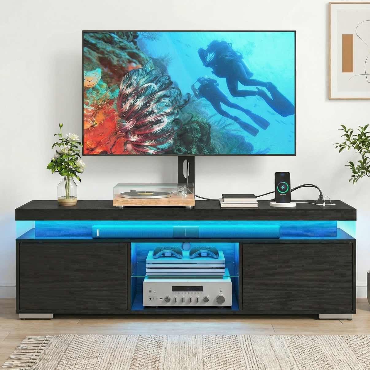 YITAHOME Black TV Stand for Living Room with Height Adjustable Mount, Modern TV Stand for 70/65 Inch TV, LED Entertainment Center with Storage, Media Console Cabinet, Black