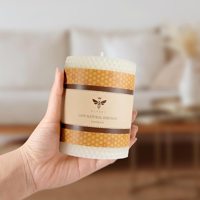 White Beeswax Pillar Candle - Handmade Pure Beeswax Rolled Candle for Gift & Home Decor (3×4 in)