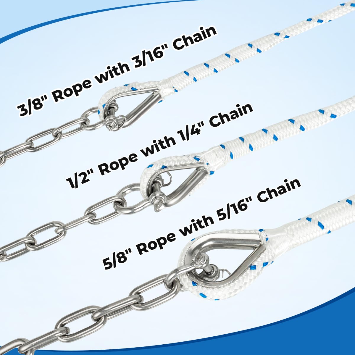 FUCNEN 5/8" Boat Anchor Rope 200 FT with 316 Stainless Steel Anchor Chain 5/16" x 10 FT, 5/16" Bow Shackles and 5/8" Thimble, Anchor Rode for Mooring, Boats Pontoon, Deck, Fishing, Sail