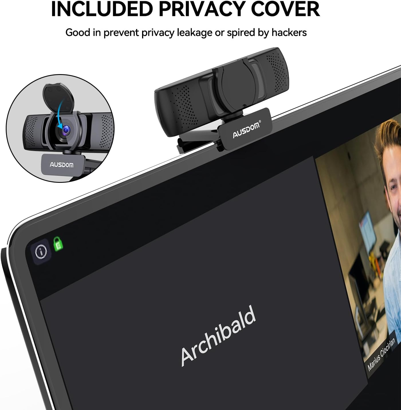 AUSDOM AF640 1080P 90FOV Webcam with Microphone, USB PC Camera Webcam with Privacy Cover, Plug and Play Computer Camera