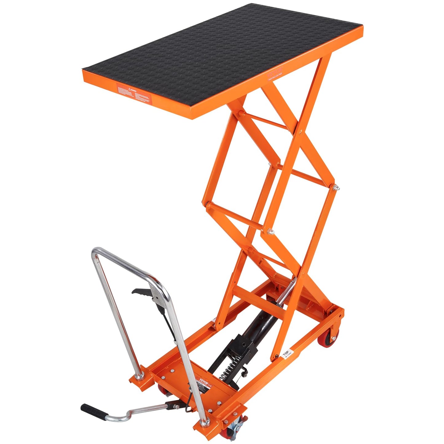 VEVOR Hydraulic Lift Table Cart, 330 lbs Load Capacity, 50-Inch Lifting Height, Manual Single Scissor Lift Table with Non-Slip Pad and 4 Wheels, Orange, Alloy Steel