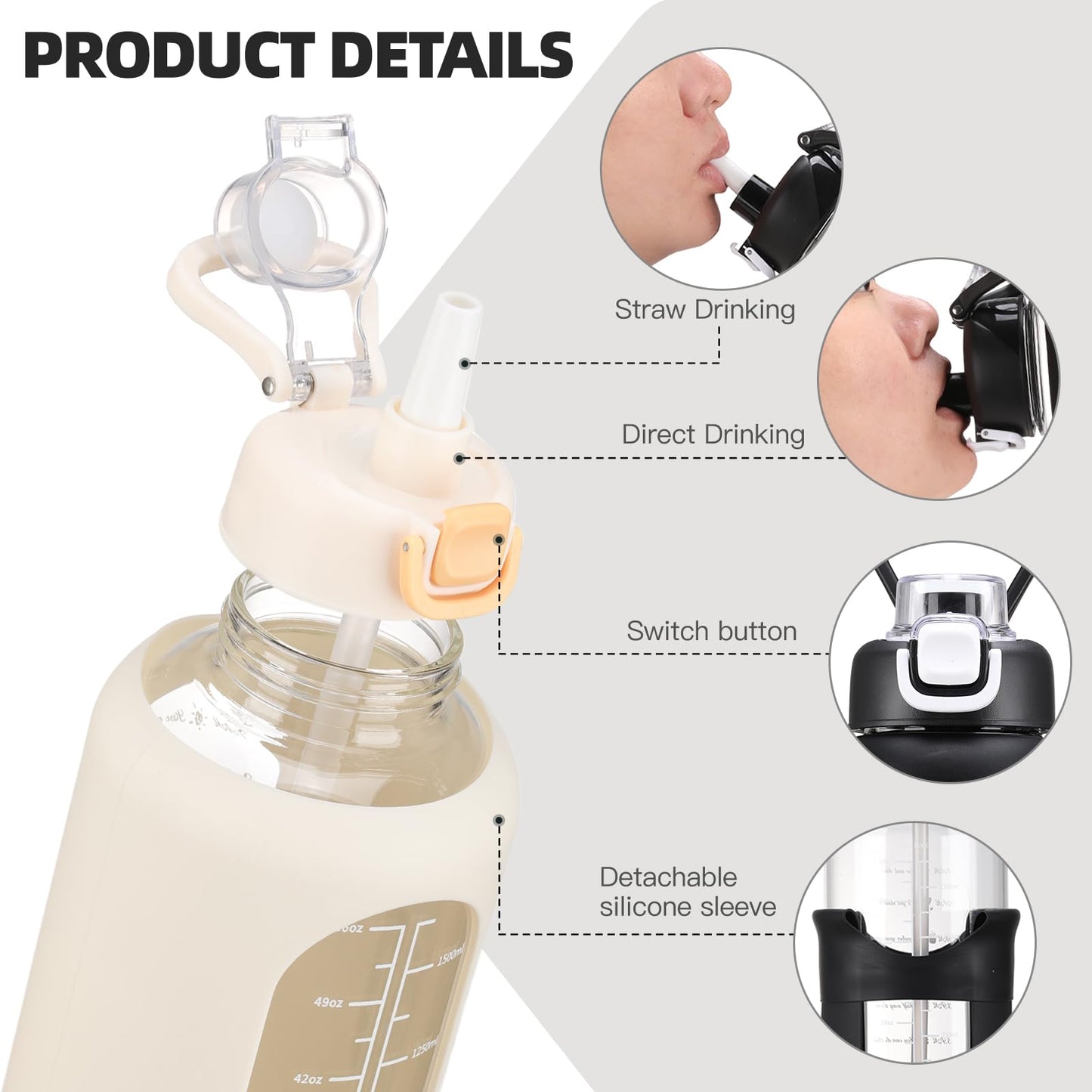 chunmo 64 oz Glass Water Bolttles with Straw Half Gallon Large Motivational Water Bottle with Time Marker Sports Water Bottles with Silicone Sleeve and Handle Lid Water Jug for Gym Workout