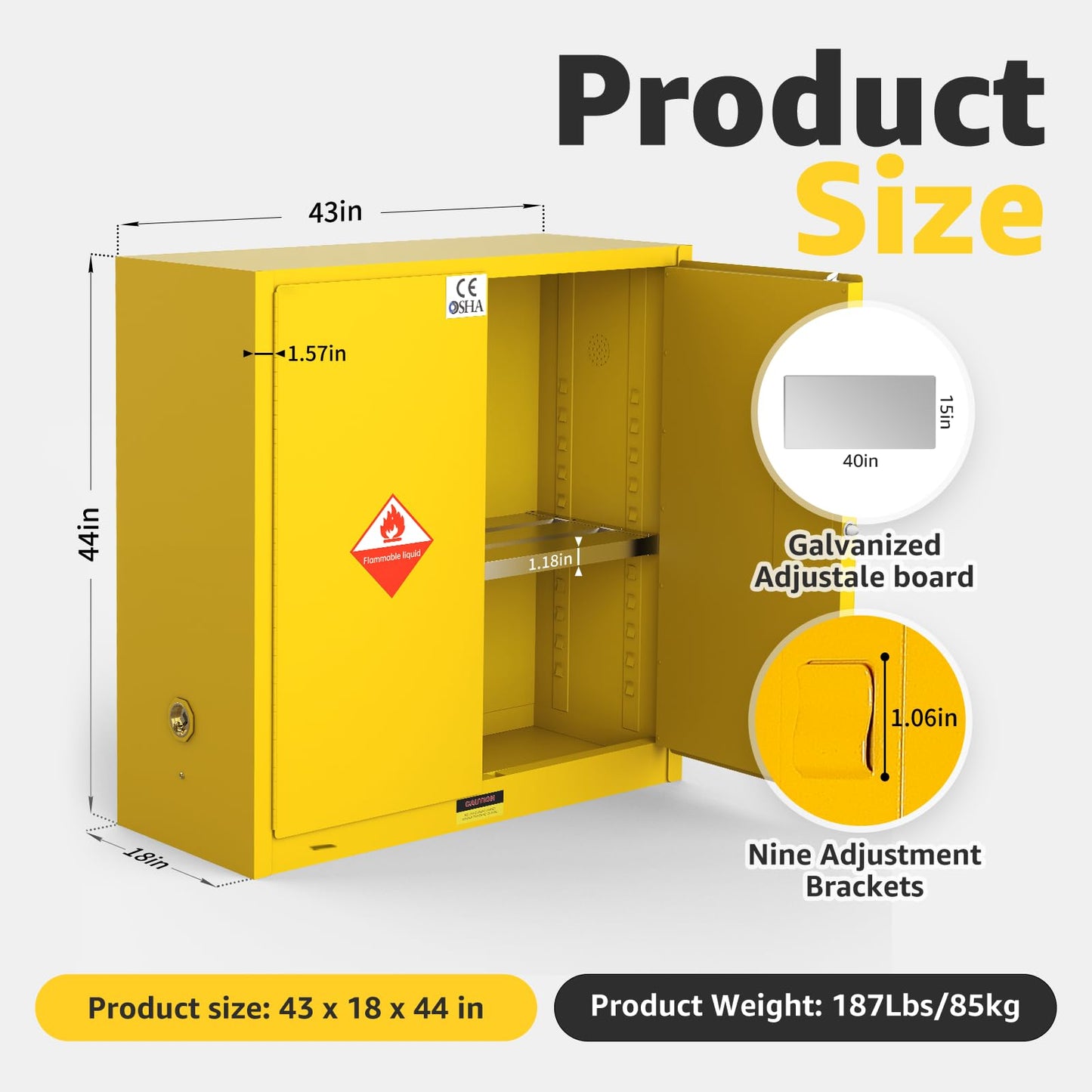 Vohala Flammable Storage Cabinet, 60 Gallon, 42.9" W x 18.1" D x 44.1" H, Wide Double-Wall Steel Fire Cabinet for Chemical Storage