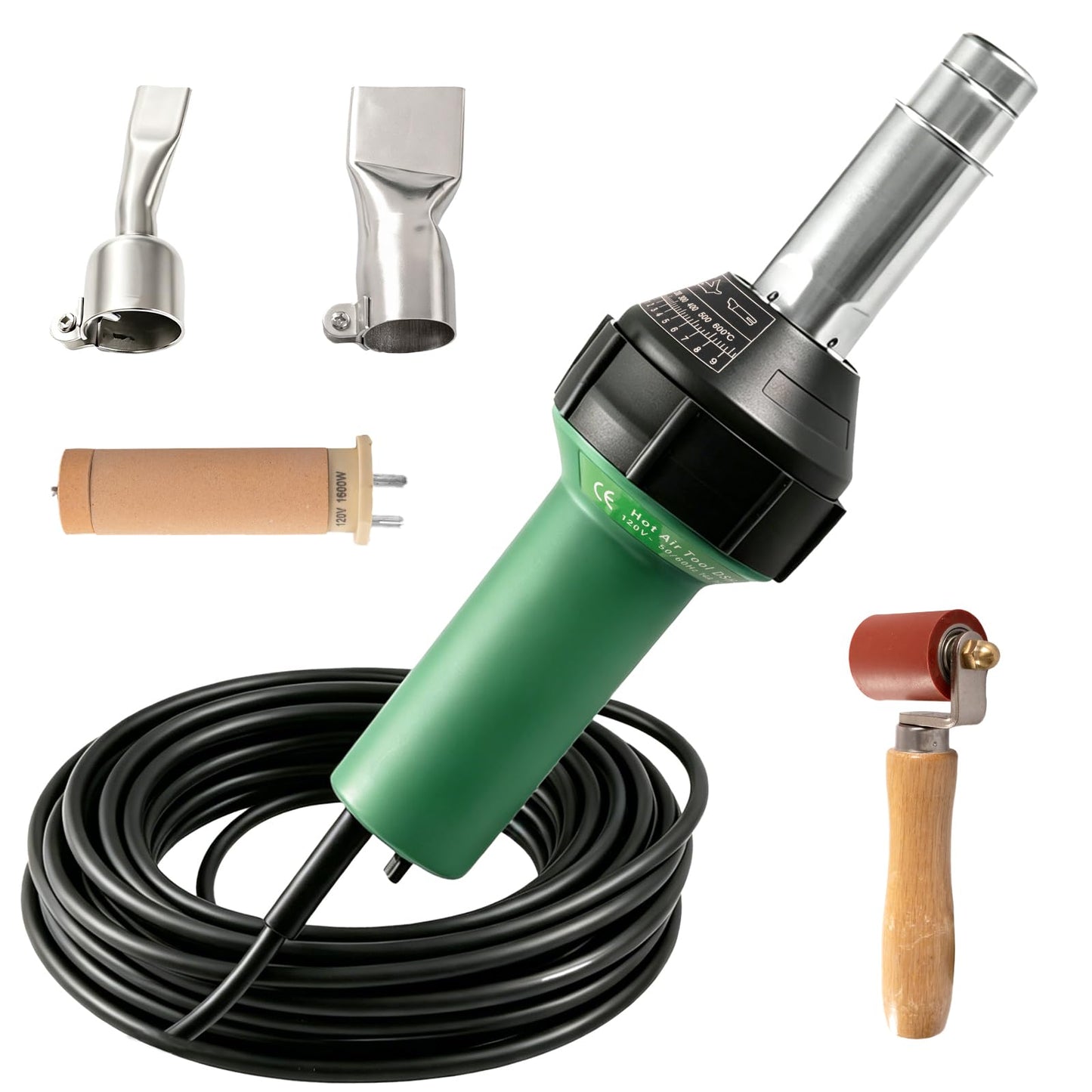 1600W Heat Gun Kit 110V, Plastic Welder with 16.4FT Power Cord, Hot Air Gun for PVC Roofing, Vinyl Floor, Plastic Repair, 2 Welding Nozzles & Silicone Roller Included
