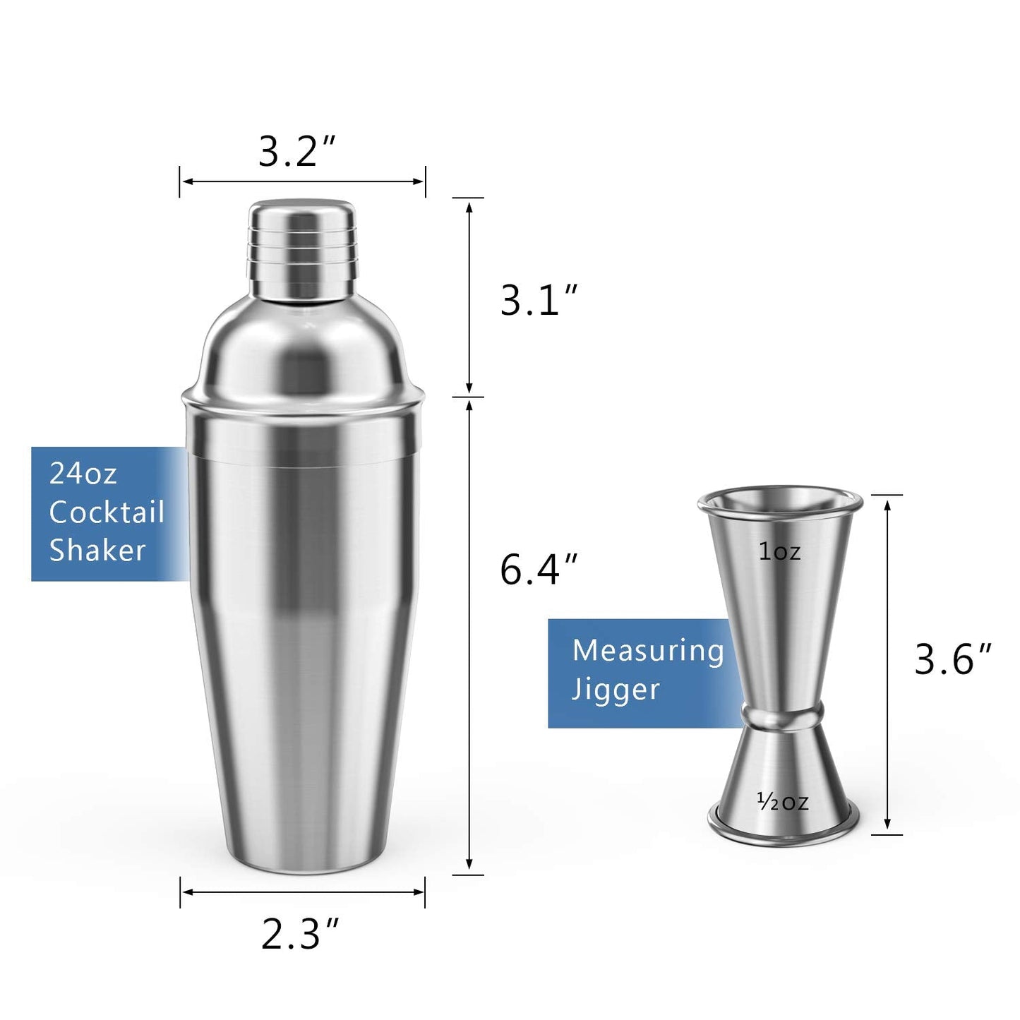 LUCKYGOOBO Cocktail Shaker with Double Measuring Jigger,Professional Stainless Steel 24oz Martini Shaker Set,Drink Built-In Strainer,Bartender Kit.