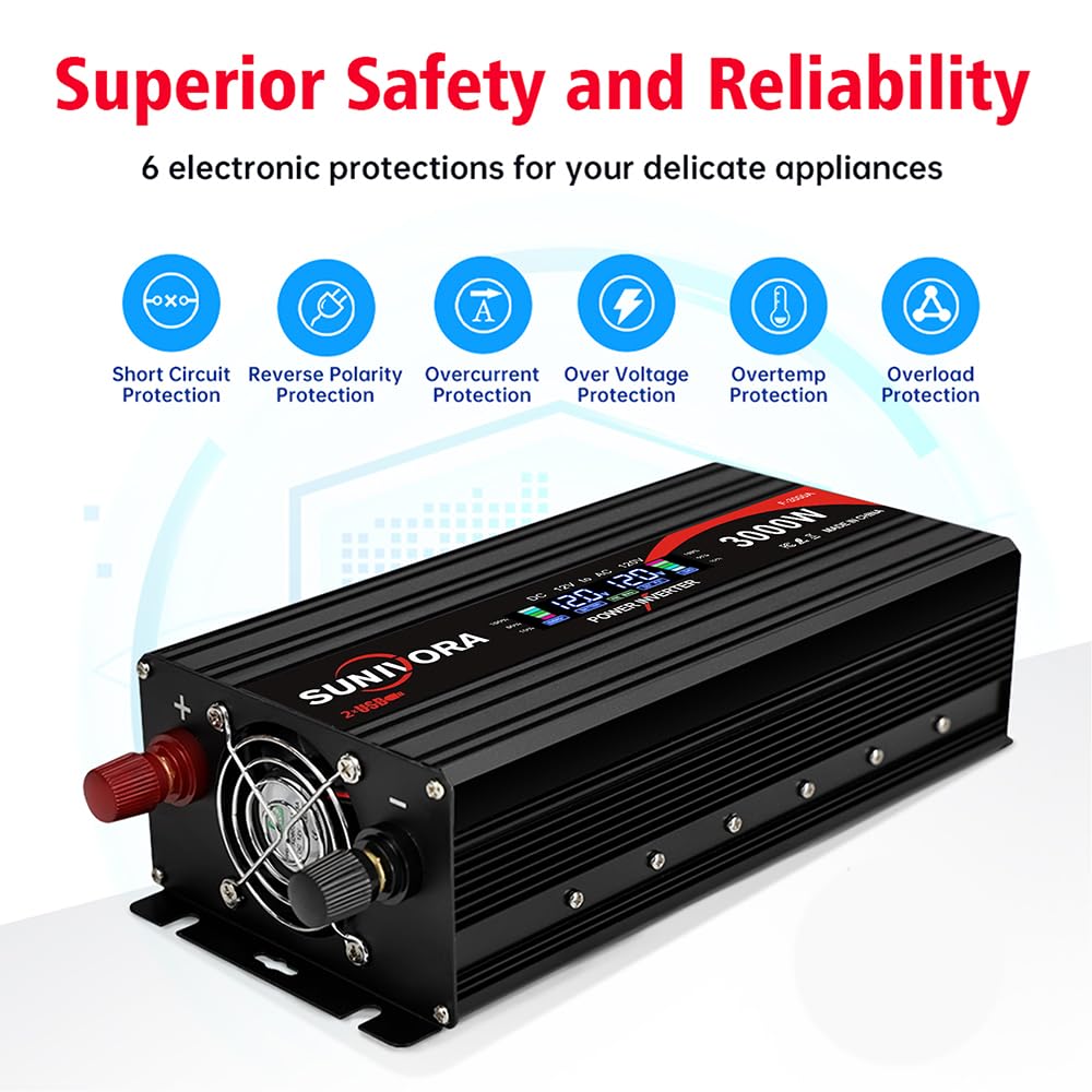 3000 Watt Power Inverter 12V DC to 110V/120V AC Converter 6000W Peak with LCD Display, 3 AC Outlets & 2 USB Ports Power Inverters for Vehicles Car Truck Boat RV Camping Solar System EPS