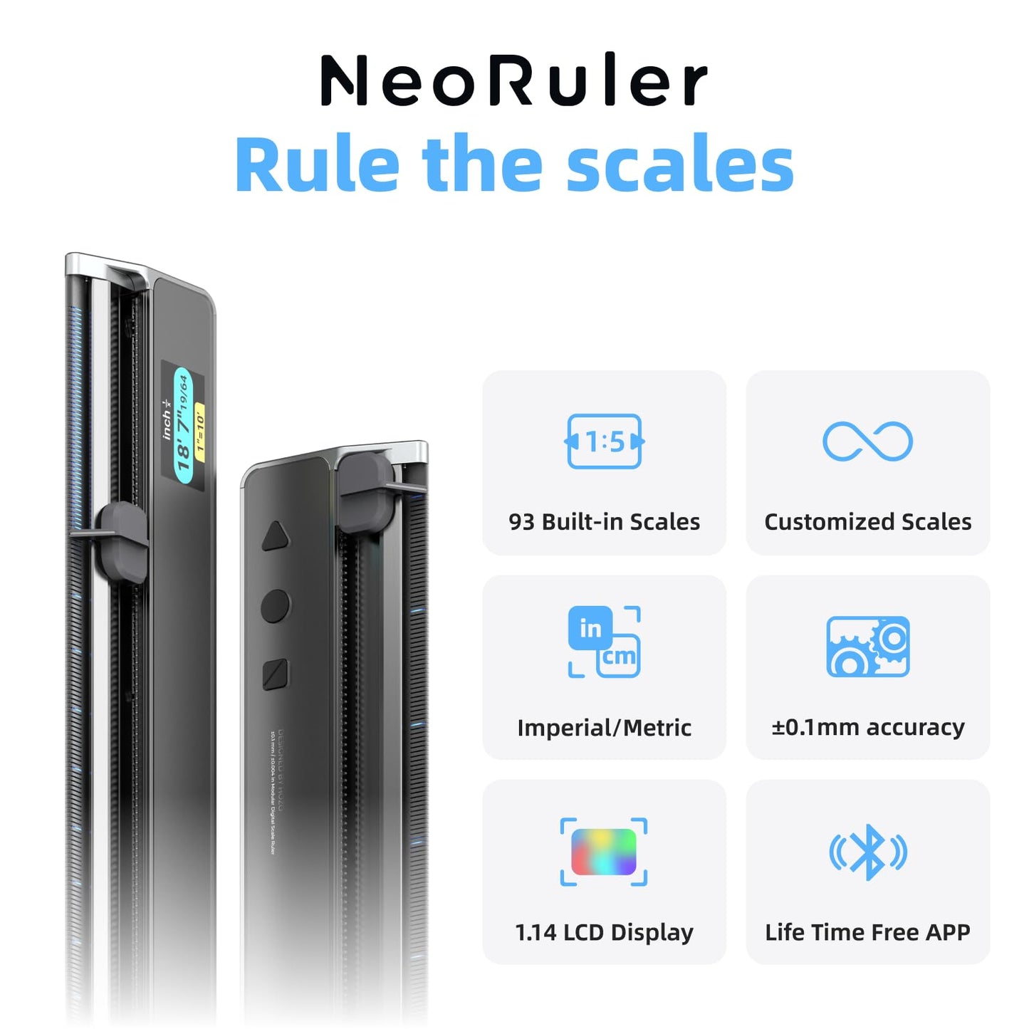 HOZO NeoRuler Digital Scale Ruler, 12 inch Smart Scale Ruler with Infinite Customized Scales and ±0.004 inch Accuracy, 93 Built-in US Imperial, Metric Scales, Architectural and Engineering