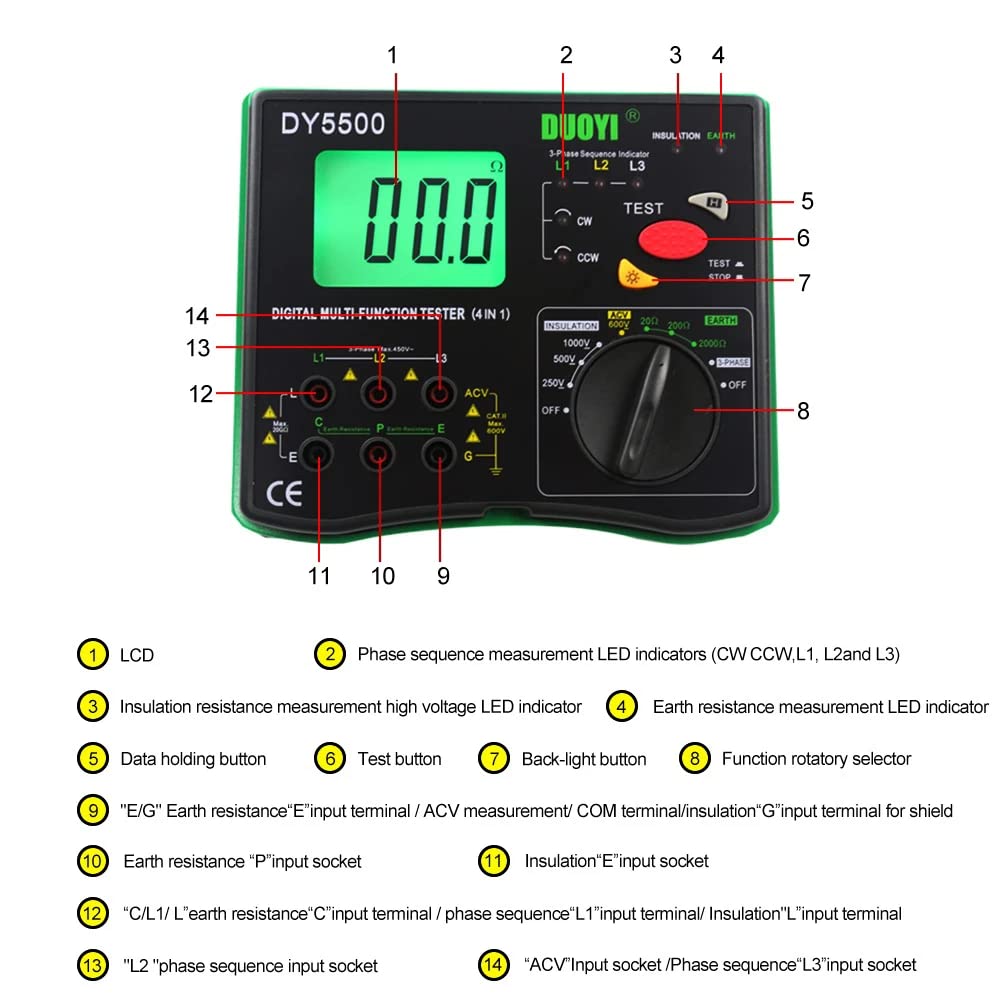 HOJILA DY5500 4 in1 Multimeter Earth Ground Resistance Tester Meter Insulation Tester Voltmeter Phase Indicator