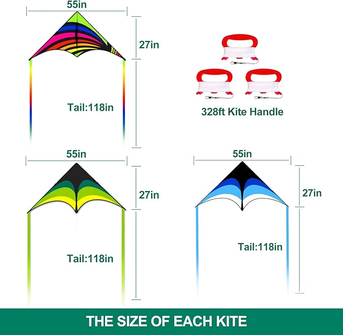 Mint's Colorful Life 3 Pack Delta Kites for Kids & Adults, Easy to Fly Large Kite Set for Beginners, Perfect Family Kites for Park and Beach Trip with 300ft String Included
