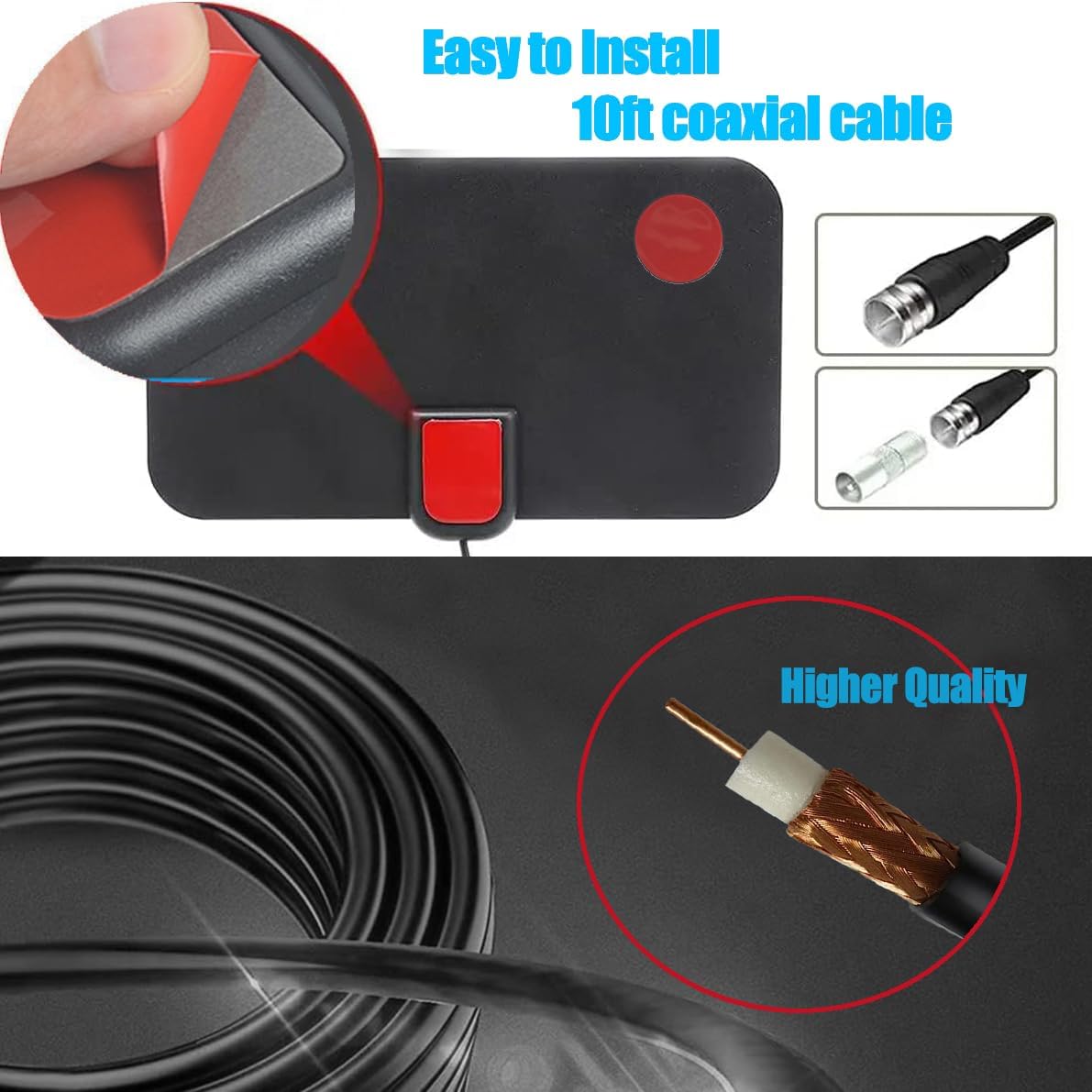 KANGYUE TV,360Reception,Support 4K 1080p 10ft Digital TV Antenna,Antenna for Smart Smart Television,Signal