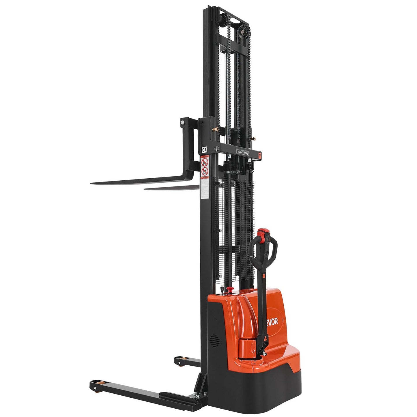 VEVOR Full Electric Pallet Stacker, 3300 lbs Capacity, 130'' Lifting Height, Pallet Lift Stacker Forklift with Straddle Legs & Forks, 8.66-31.1 Inches Adjustable Fork Width, Orange & Black