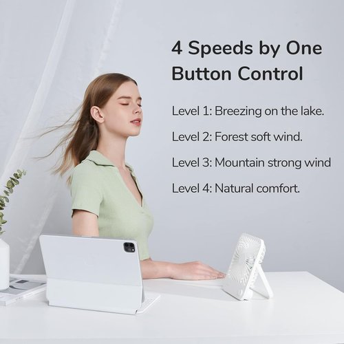 JISULIFE Rechargeable Desk Fan - Foldable Portable Personal Fan with 4 Speed Settings | 4500mAh Battery - White