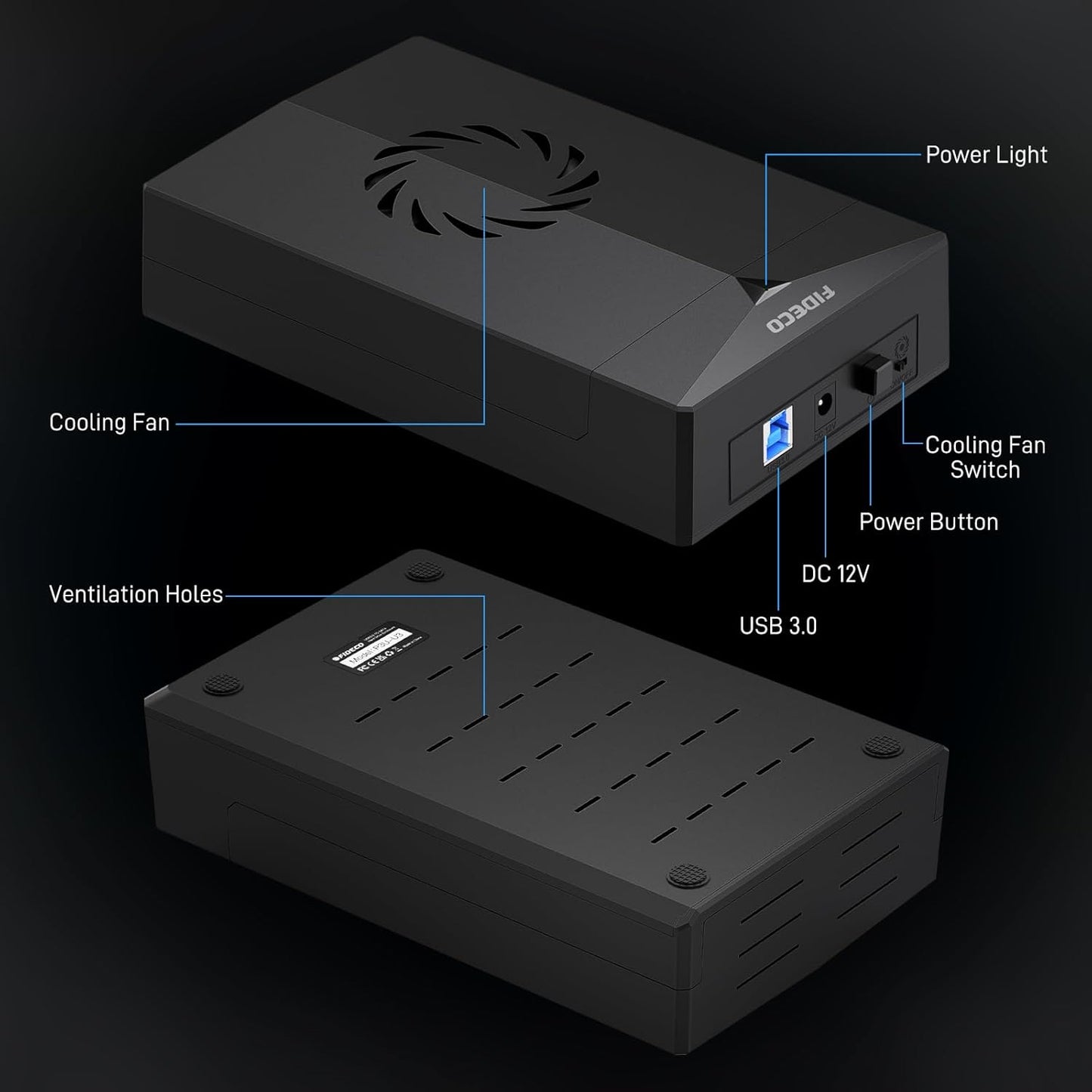 FIDECO 3.5 2.5 inch 12V Hard Drive Enclosure for or SATA HDD SSD, SATA to USB Adapter with Cooling Fan, External HDD