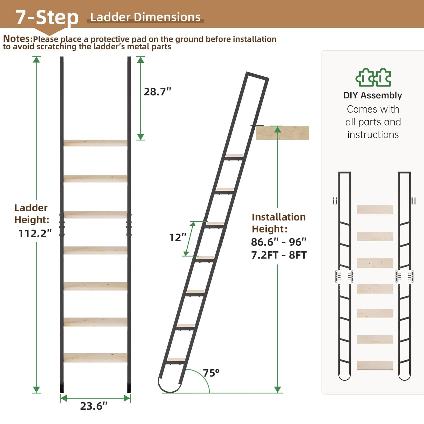 9.35FT Industrial Style Loft Ladder, 7 Steps with Black Steel Handrails & Solid Wood Steps, 450lbs Capacity, Fits 7.2-8FT Installation Height, for Attic, Kitchen, Warehouse, Bookshelf& Outdoor