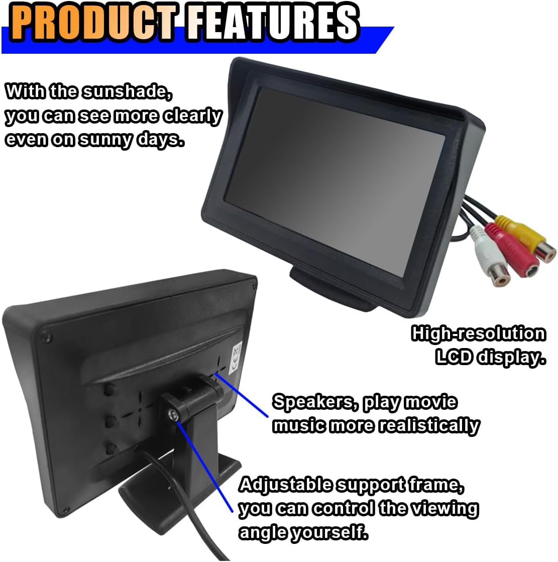 LAINLOY 4.3 Inch TFT LCD Car Color Parking Aid System Monitor Display, Vehicle Rear View Reverse Monitor Screen