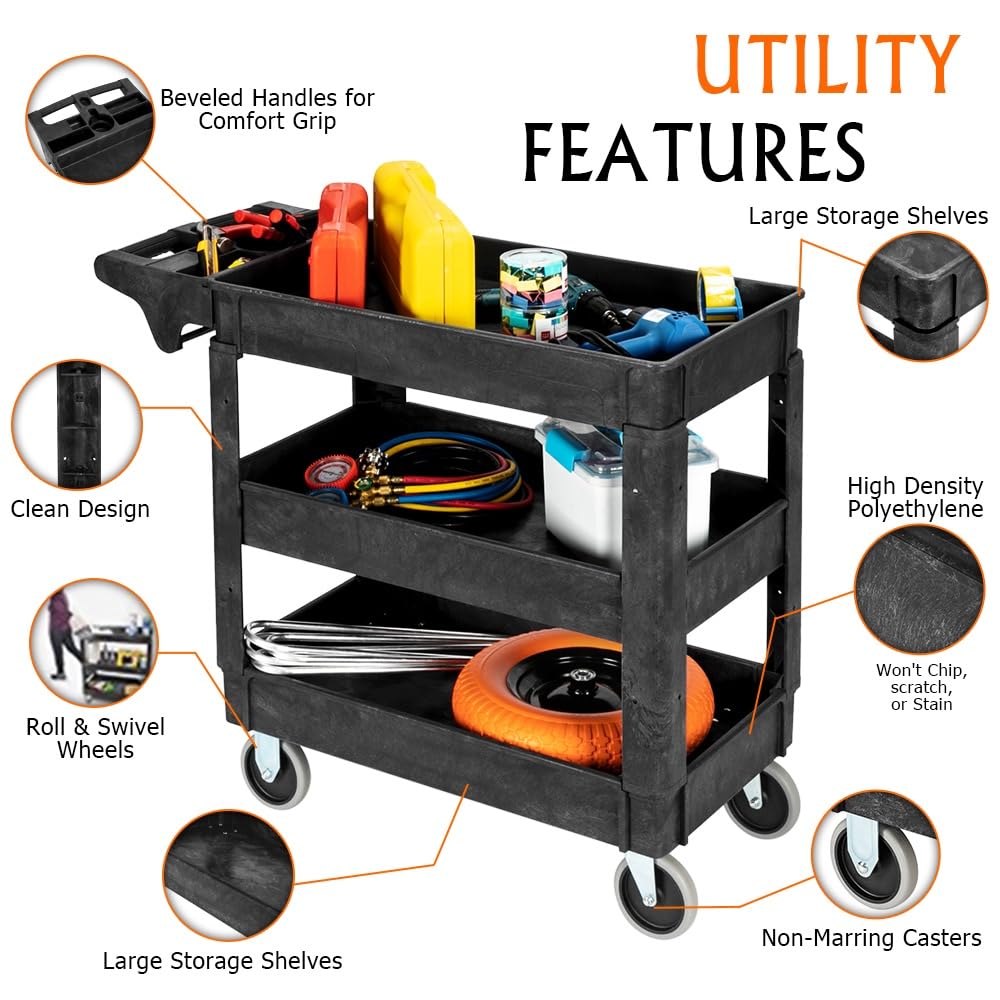 LEADZM 3-Shelf Plastic Service Utility Cart, Steady & Durable Tub Cart with Deep Shelves, Large Capacity, Multi-Function Handle Storage and 360°Flexible Wheels with Braker, Great for Warehouse/Garage