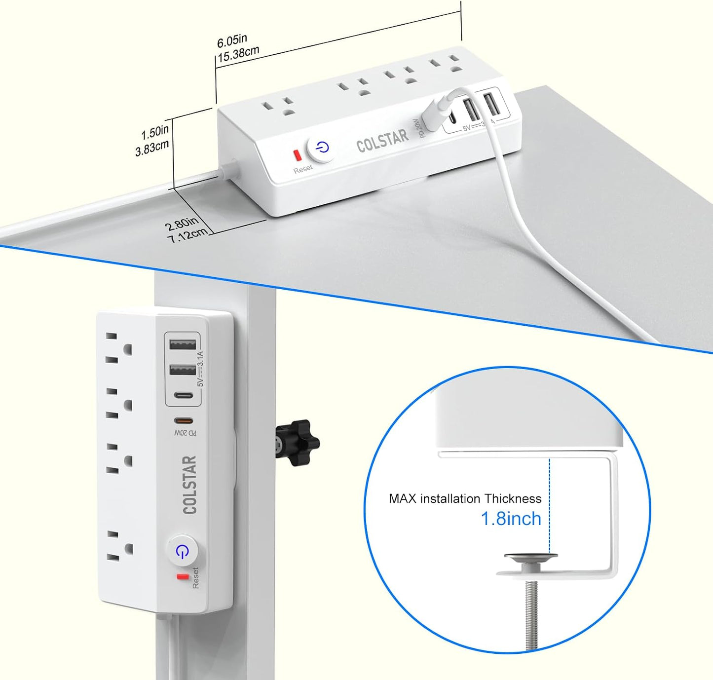 colstar 20W 10FT Desk Clamp Power Strip with USB, USB C Fast Charging, Clamps Securely to Desk Edge, Flat Plug