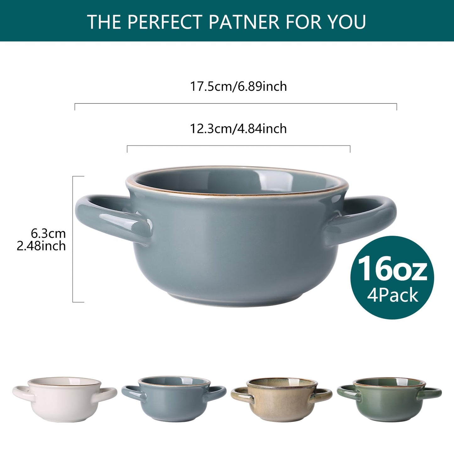 MONITO Ceramic Soup Bowl with Handles, 16 oz French Onion Soup Bowls, Ceramic Soup Bowls for Cereal, Pasta, Chilli, Beef Stew, Stackable Serving Bowl Set of 4 (16 OZ)