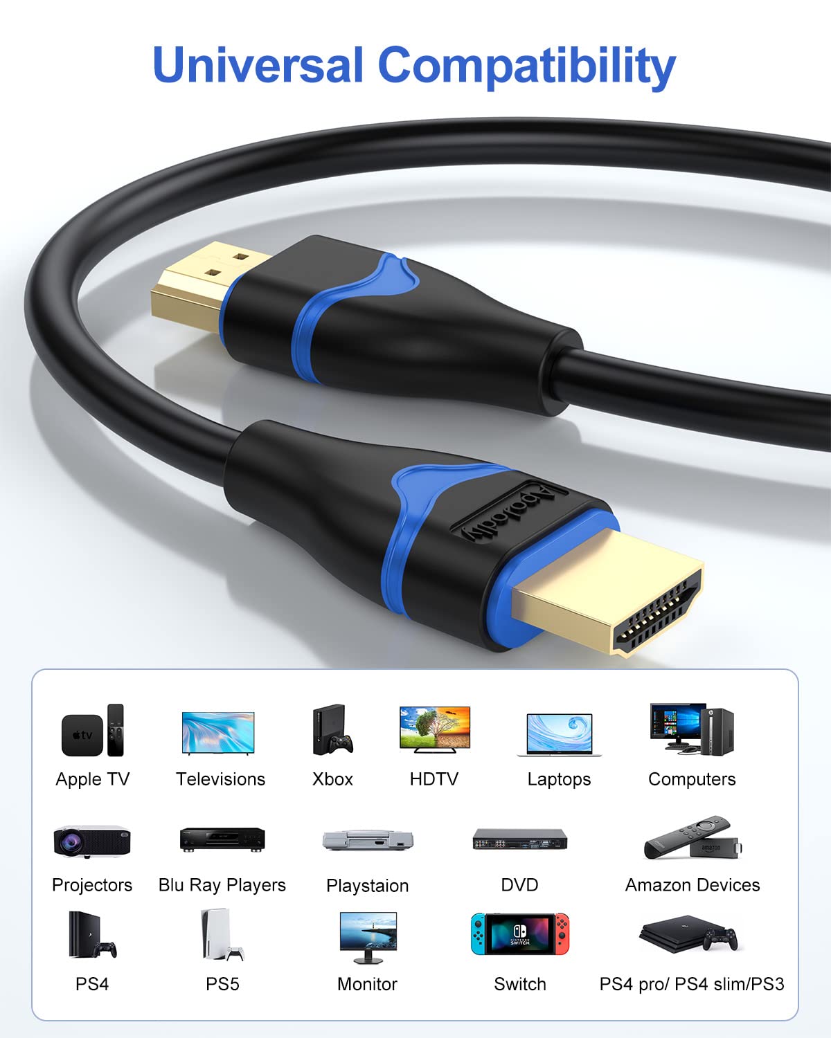 4K 6.6FT 2-Pack, 2.0 4K@60Hz, 2K@144Hz, 3D, Dolby, 2.2, PS5, PS4, HDMI Cable HDMI to HDMI Cable High Speed HDMI Cord