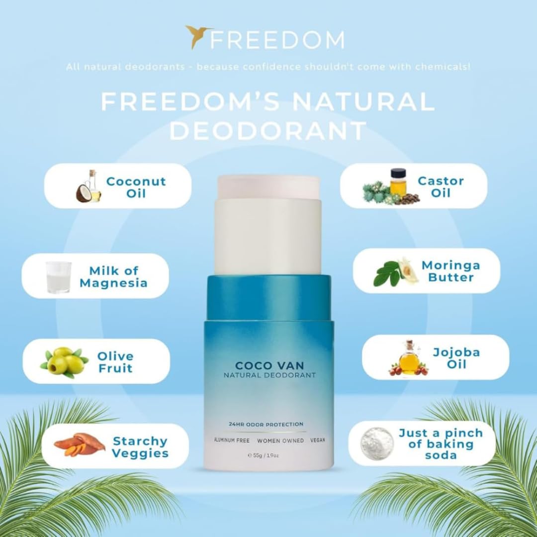 Freedom All Natural & Aluminum-free Deodorant for Women with 24-Hour Odor Protection in Eco-friendly Packaging - Made with Organic Essential Oils - Coco Van 1.9oz