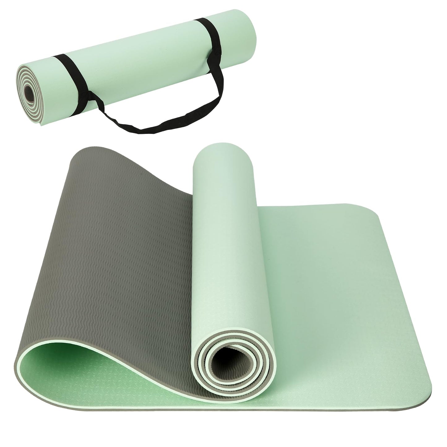 CAVIRA 1/3inch Thick (8mm) TPE Yoga Mat for Beginners, Non-Slip Cushioned Yoga Mat with Carrying Strap for Pilates, Stretching and Home Workout, 72 x 24 Inch, Green Grey