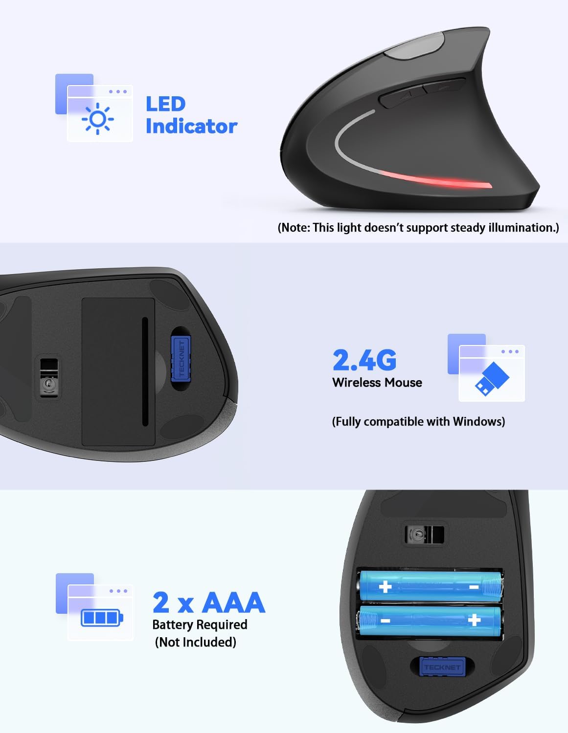 TECKNET 2.4G 4800 5 6 Ergonomic Mouse Vertical Wireless - DPI Optical Carpal Tunnel Mouse Right Hand, Adjustable DPI