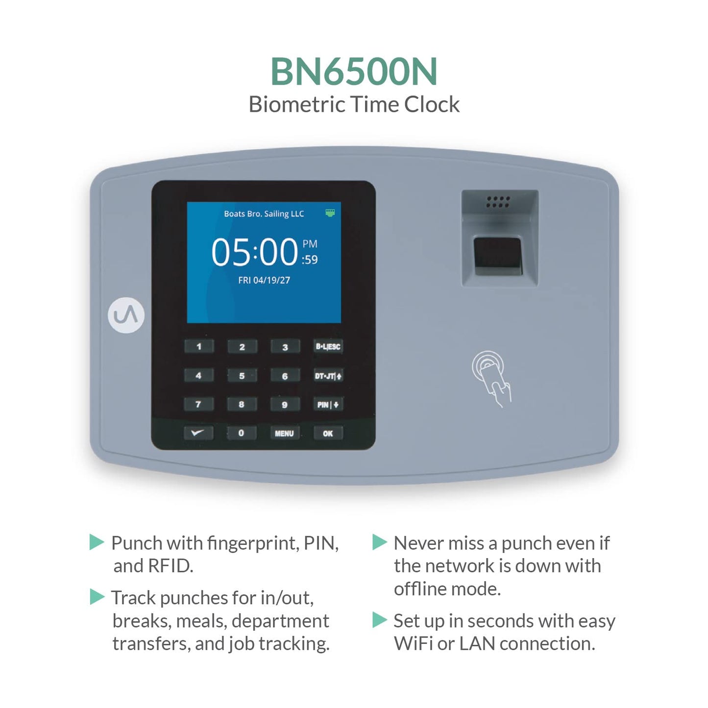 uAttend BN6500 Biometric Fingerprint Time Clock System for Small Business with WiFi and Cloud-Based Employee Timecards