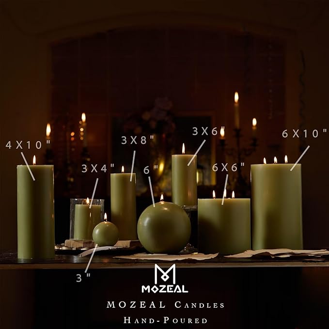 MOZEAL 3" x 4" Hand-Poured Unscented Olive Green Candle, Dripless Moss Green Pillar Candle Set of 3, Long Clean Burning, Approx 72 Hours Burn Time, Rustic Country Style, Home Decor