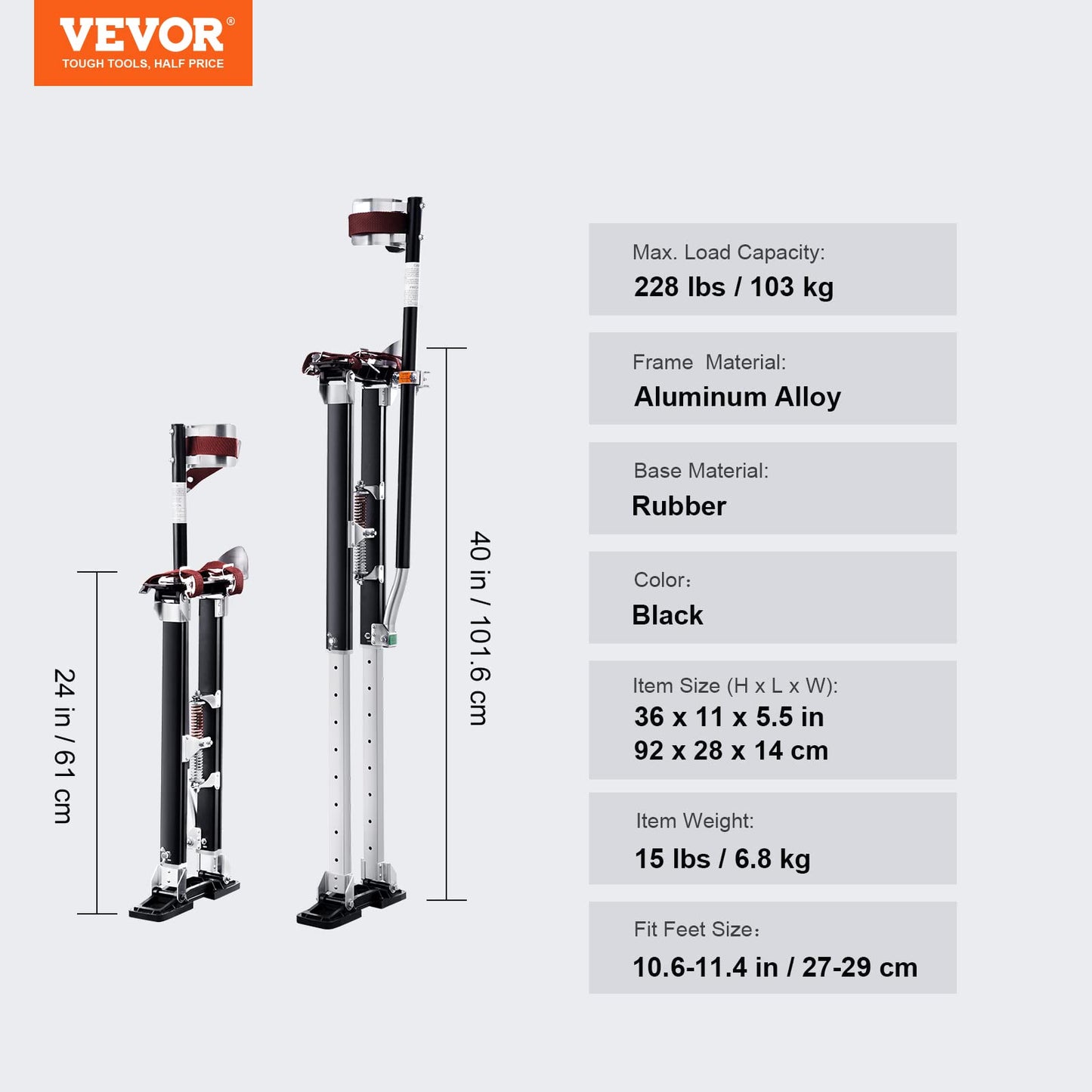 VEVOR 24''-40'' Adjustable Aluminum Drywall Tool Stilts, Durable Non-Slip Work Stilts with Protective Knee Pads, for Sheetrock Painting, Taping, Walking, Black