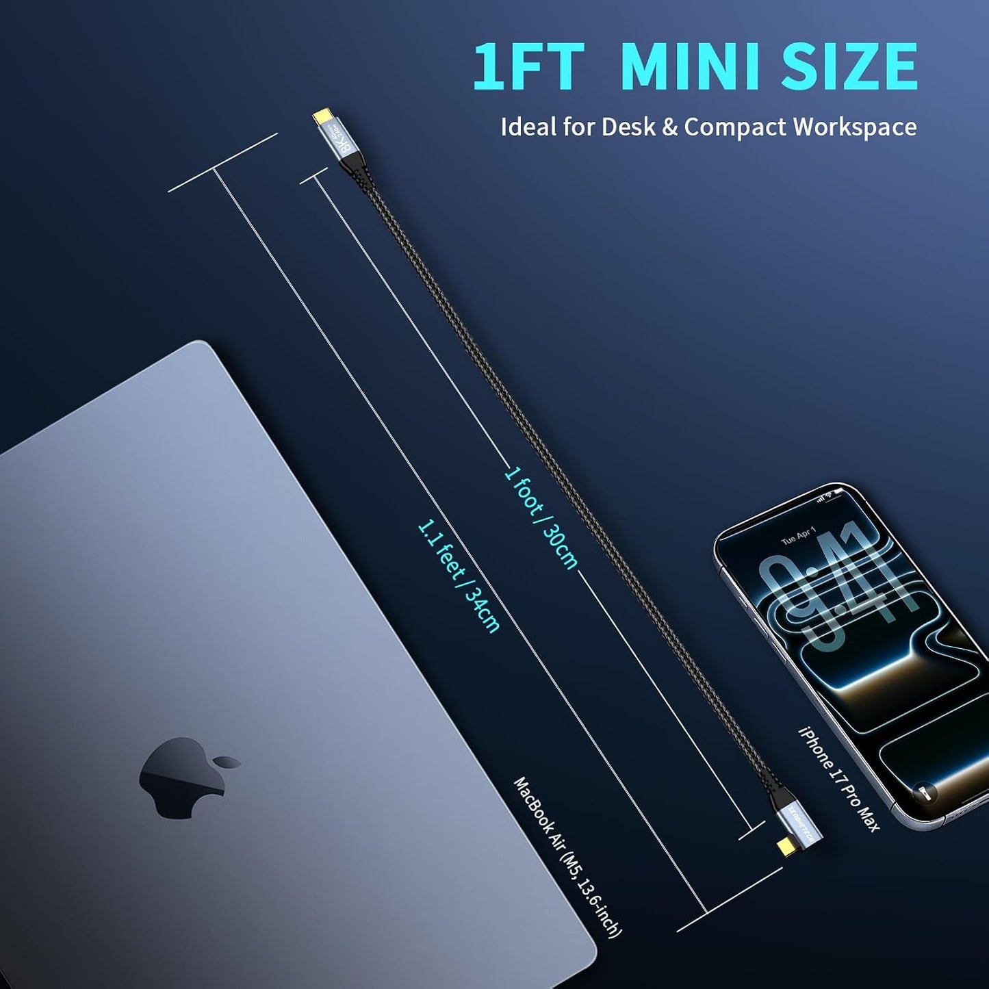 12 inch 4 1FT, 40Gbps 8K@60Hz 240W 90 ZeroneTeck USB C for Thunderbolt Cable High Speed Data Transfer Short, Right
