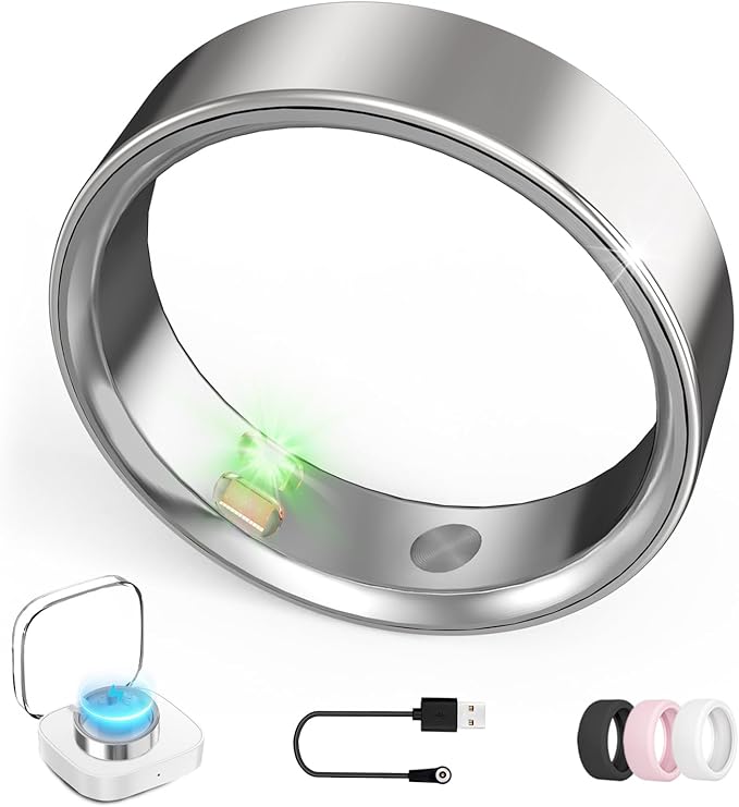 Smart Ring with Vibration Alerts, Health Tracker Ring with Body Temperature Monitor, Heart Rate, Sleep & Fitness Tracking, Waterproof Activity Ring for Men & Women, No App Fees (Silver, 7#)