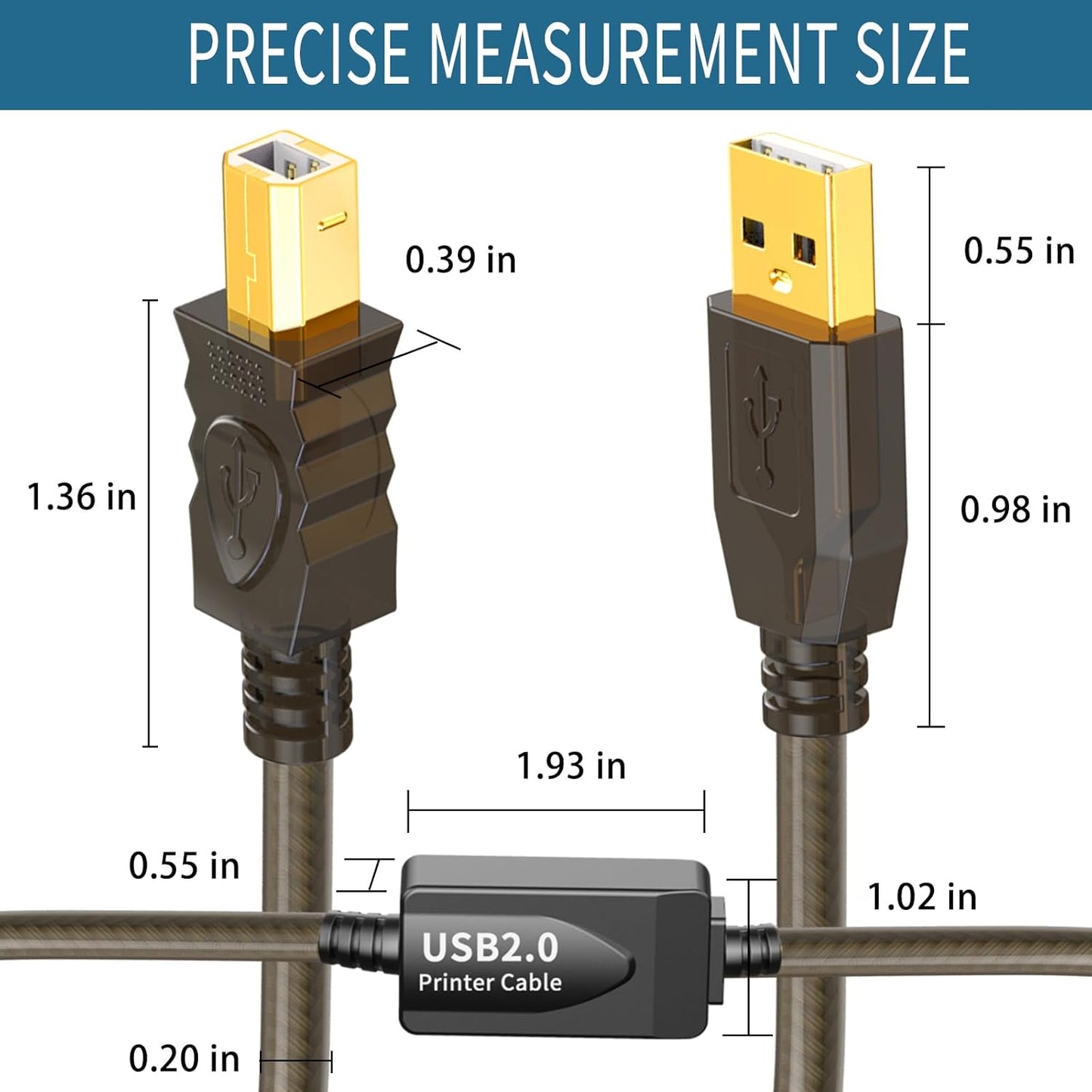 2.0 50ft USB Printer Cable - High Speed Active A to B Cord for Printers, Scanners, Fax Machines