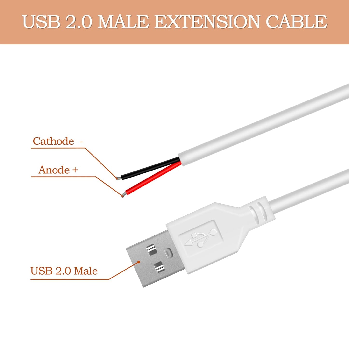 WMSDGZAI 24AWG 2.0 2 5V 2A 1.64FT 5PACK) USB Male Pin Bare Wire Pigtail Cable, USB Extension Cable Open End for DIY