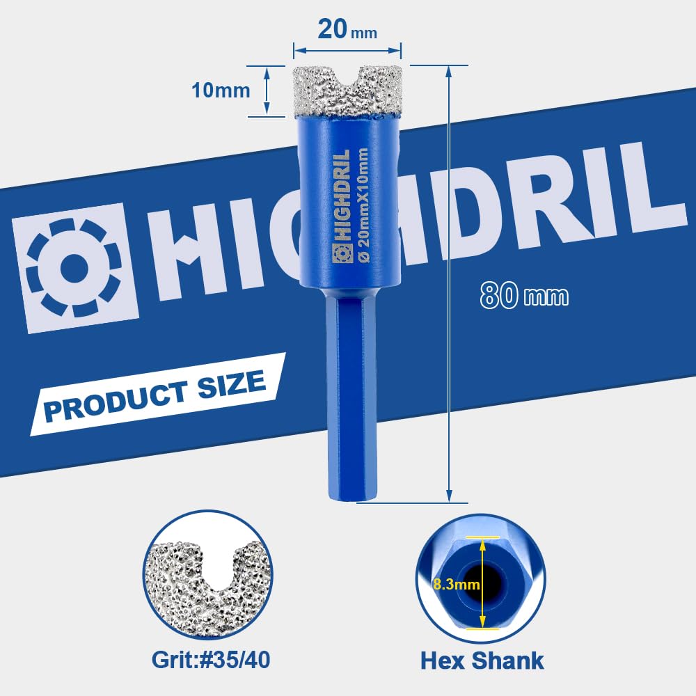 HIGHDRIL Diamond Drill Bits Kit with 5/8-11 for Porcelain Tile Ceramic Marble Brick Concrete Vacuum Brazed Hole Saw(6/8/10/20/35/50/65/100mm+50mm Chamfer Bit+20mm Finger Bit+Adapter)