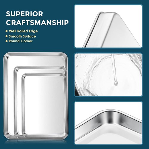 E-far Stainless Steel Baking Sheet Set - 3 Sizes (12.4”/10.5”/9.4”) | Non-Toxic, Dishwasher Safe Cookie Trays