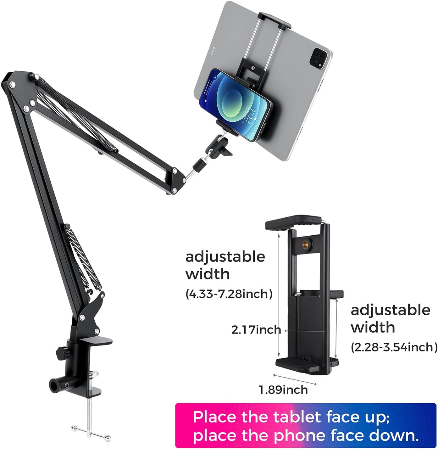 ellrkr 30" 360 1/4" 5/8" Magic Arm Holder w Clamp - Overhead Phone Mount for Desk, Smooth & Thread Webcam Stand