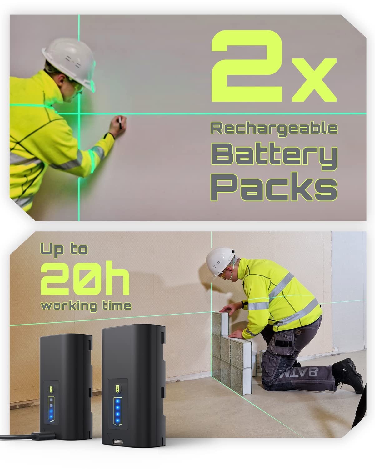 LasGoo LG-3D Laser Level Self Leveling 3x360°, 3D Green Beam Cross Line Laser for Construction and Picture Hanging, 2 Rechargeable Batteries (20 Hrs), Magnetic Liftable Stand Included, Green