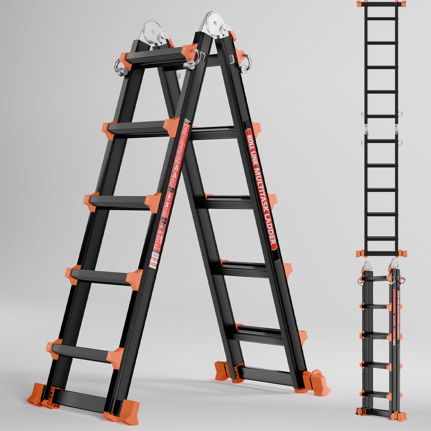 KOLL LINK Ladder 17FT,Multi Position 5 Step Ladder Extension, Anti-Slip A Frame Folding Ladder with Removable Tool Tray, 330lbs Adjustable Telescopic Aluminum Ladders for Stairs Home Indoor Outdoor