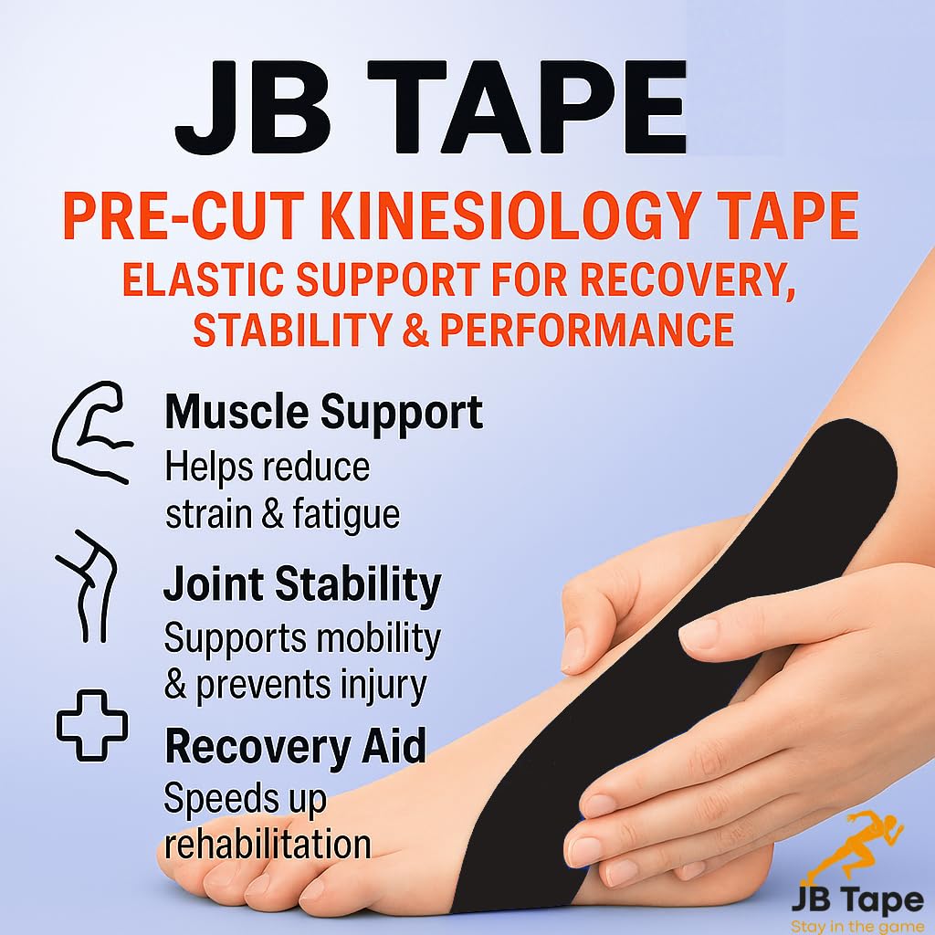 JB Tape Kinesiology Tape – 80 Precut 10-Inch Strips – Black – Elastic, Latex-Free, Water Resistant – Athletic Muscle & Joint Support – 4 Rolls
